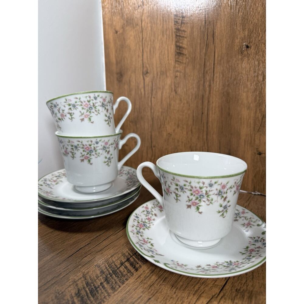 Mikasa Beaumont Cup & Saucer Set Of 4 Pink And Green Floral Pattern
